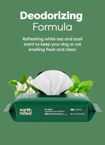 Image of Earth Rated Pet Wipes for Dogs and Cats, Hypoallergenic, 3-in-1 Cleaning, Deodorizing and Hydrating, for Grooming Paws, Body and Butt, New White Tea and Basil Scent, 100 Count (Pack of 2)