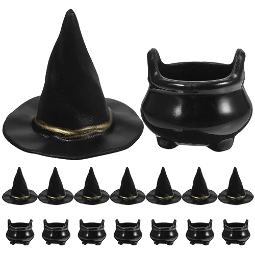 LOGOFUN 10 Sets Halloween Mini Black Candy Cauldrons & Miniature Witch Hats - Dollhouse Decor - Halloween Themed Party Supplies