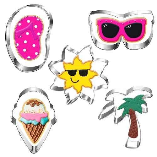 LUBTOSMN Summer Cookie Cutter Set-5 Piece-Flip Flop, Sunglasses, Sun, Ice Cream, Palm Tree-Diswasher Safe-Cookie Cutters Shapes for Baking