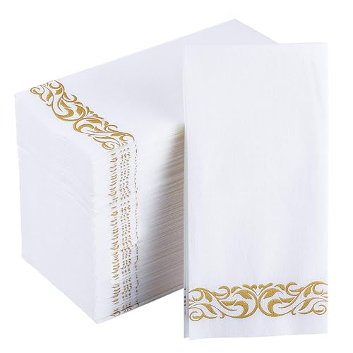 JOLLY CHEF 100 Disposable Hand Towels, Soft and Absorbent Linen Feel Dinner Napkin, Elegant Decorative Paper Guest Towels for Kitchen, Bathroom,Weddings,Parties, Gold and White