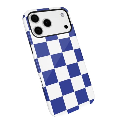 LoeoeL Checkered Phone Case for iPhone 17 Pro/ 18 Pro Case Hard Shell, Girly Cute Aesthetic Plaid Checkers Print Cover for Women, Thin Slim Checkerboard Design Glossy Shockproof, Blue White