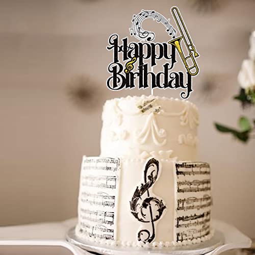 Trombone Happy Birthday Cake Topper Black Gold Glitter Musical Music Notes Cake Decoration Band Music Lover Theme Birthday Party Supplies For Musician #TOP4