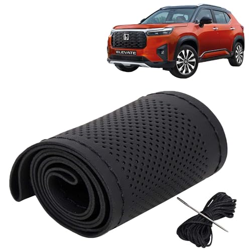 Image of KINGSWAY PU Leatherite Car Steering Cover Sewable Compatible with Honda Elevate (Year 2023 Onwards), Black Color with Black Thread, Pack of 1 with Sewing Needle and Thread