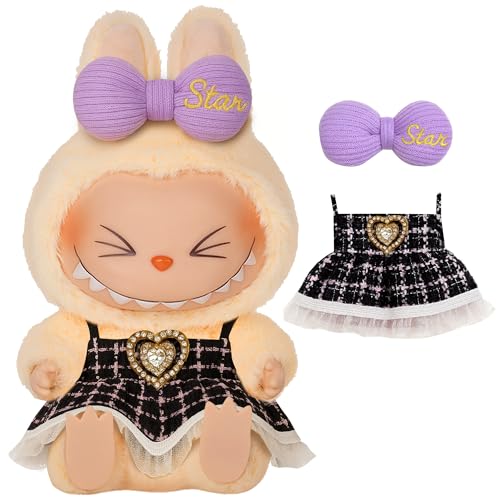 O³ Ropa para Muñecas de 17 cm - Apta para Labubu - Juego de Ropa con Atuendo y Accesorios - Regalo para Niños, Navidad, Cumpleaños (Vestido Violeta)