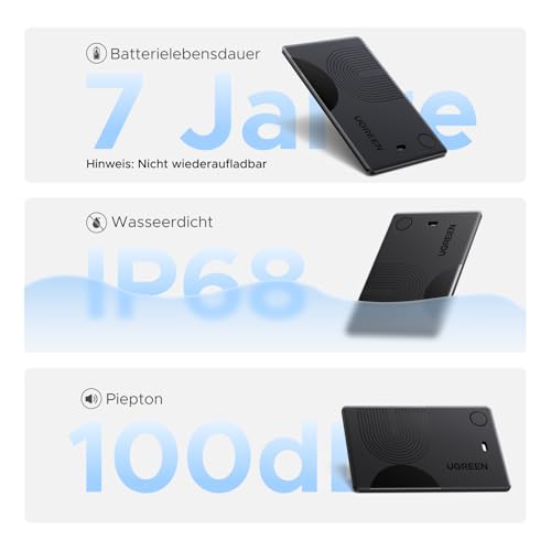 UGREEN FineTrack Slim kompatibel mit Apple Find My (nur iOS), Bluetooth Tracker Karte bis zu 7 Jahre Batterielebensdauer, 100dB Piepton, Geldbörsenfinder für Reisepass, Wallet, Rucksack (1 Pack)