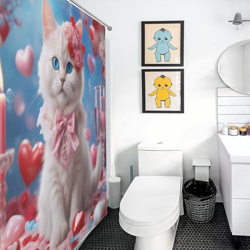 Rideau de douche lavable anti éclaboussure tissu polyester chat mignon - 3