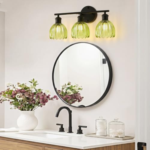Image of Bathroom Light Fixtures, 3-Light Brushed Black Vanity Lights for Bathroom with Green Tulip Glass Shade, 20 inch Vintage Bathroom Vanity Lighting Fixtures Over Mirror for Bedroom Living Room Hallway