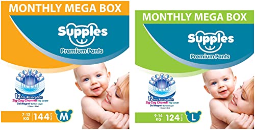 Image of Supples Baby Diaper Pants, Monthly Mega-Box, Large, 124 Count & Baby Diaper Pants, Monthly Mega-Box, Medium, 144 Count