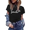 BFYSFBAIG Women's Smile Letter Print T-Shirt, Short Sleeve, Crew Neck, Ladies Casual Blouse, Summer Top, Heart Pattern, Regular Fit, S-XXL (Black, M) #2