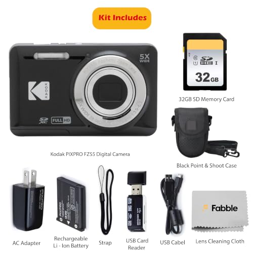 Image of KODAK PIXPRO FZ55 16MP Digital Point & Shoot Camera, 5X Optical Zoom, 28mm Wide Angle, 1080P Full HD Video, Bundle with 32GB SD Card, Protective Case, and Hi-Speed Card Reader (Black)