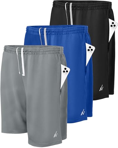NY Threads 3 Pack Men's Athletic Shorts Quick Dry Lightweight Workout Running Gym Shorts with Pockets, Medium, Black/Medium Grey/Royal Blue