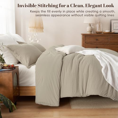 Image of PHF Cotton Muslin Comforter Set King, Ultra Soft Breathable, Taupe