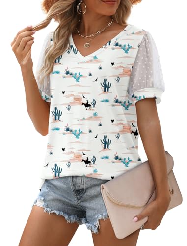 Image of Aokosor Womens Summer Tops V Neck T Shirts Swiss Dot Puff Sleeve Tops Loose Casual Tshirts