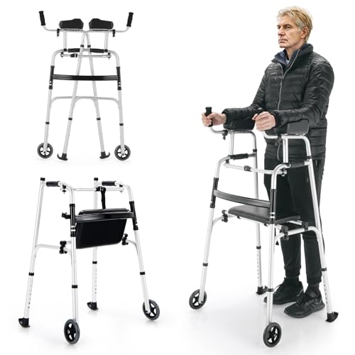 Toolsempire Folding Walkers for Seniors, Upright Walker with Seat, Removable Arm Support & 5' Wheels, Height Adjustable Platform Walker Mobility Aid for Elderly