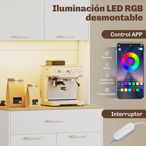 HOMCOM Alacena de Cocina con Luces LED y Estación de Carga, Control por APP, Mueble Auxiliar de Cocina con 4 Puertas, Cajón, Encimera Abierta para Microondas, Estantes Ajustables, 71x40x180 cm, Blanco - imagen 4