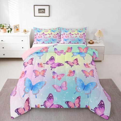 Image of Erosebridal Butterflies Full Size Comforter Sets for Kids Boys Girls,Blue Purple Butterfly Bedding Set,Elegant Wildlife Duvet Insert,Gradient Starry Quilt Bedroom Decor
