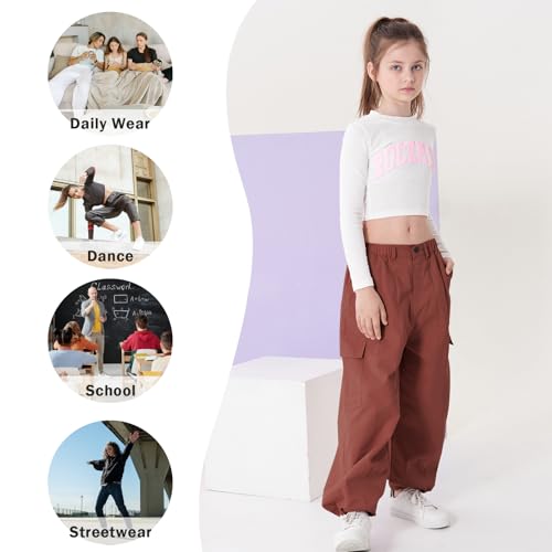 Image of Rolanko Girls Cargo Pants Wide Leg Streetwear Kids Pants with Pockets Trendy Jogger Trousers 4-14 Years
