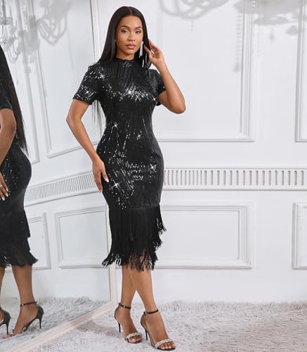 Image of Cololura Sexy Elegant Women Sequin Long Sleeve Tassel Bodycon Midi Dress Party Evening Gown Formal Dress