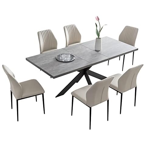 Modern Kitchen Dining MDF Table and Chairs for 6,7 Pieces Middle Butterfly Extension Leaf Table and PU Leather Dining Chairs for Kitchen, Living Room, Dining Room (Table + 6 Beige Chairs) Cover