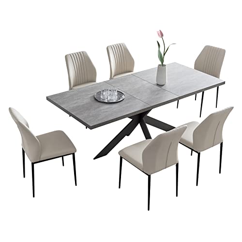 jiexi Juego de mesa y sillas extensibles, moderna mesa de comedor extensible y sillas de 4-6 plazas, placa de MDF adecuada para sala de estar, cocina, longitud 160-200 cm (mesa + 6 sillas blancas)