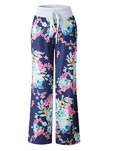 Image of iChunhua Women's Comfy Stretch Floral Print Drawstring Palazzo Wide Leg Lounge Pant