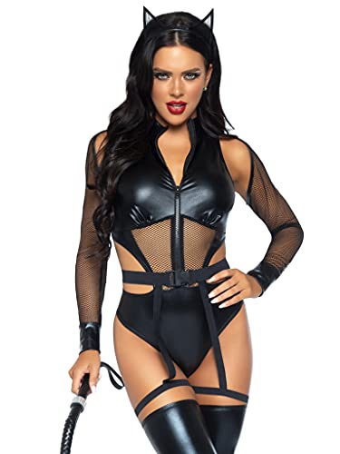 Leg Avenue 86994-00102 3 Pc Criminal Kitty, Includes Cut-Out Zip Up Bodysuit With Snap Crotch, Belt With Attached Garters, And Cat Ear Headband, Medium, Black