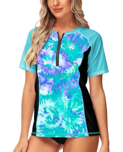 Image of AOBUTE Women Zip Rash Guard UPF 50+ Gradient Short Sleeve Swim Top Surf Shirts