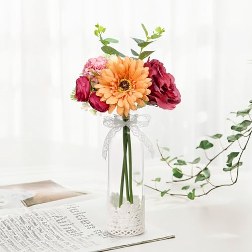 Uguisu Fake Flowers in lace Glass vases, Artificial Plants with vases for Home Office, Single Flower in vase vase for Flowers（ 1 Set of Purple）