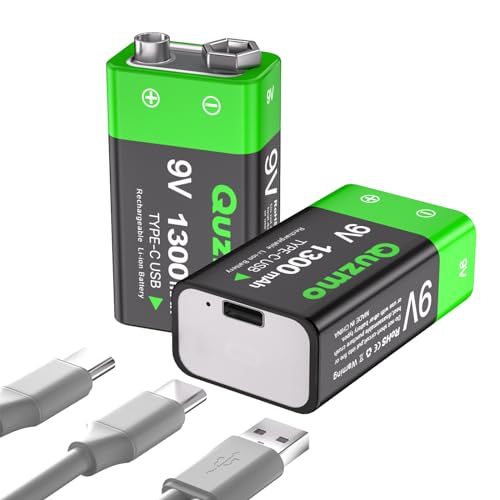 Quzmo 2-Pack Rechargeable 9 Volt Lithium-ion Batteries, 1300mAh Long Lasting Power, USB-C Recharge with 2 in 1 Charging Cable for Smoke Alarms,Multimeters,Microphones,Walkie-Talkie,Toys by Quzmo - Used condition - US$14.79