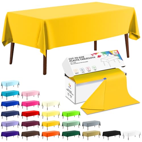 CXPSINC 54 Inch X 300 Feet Plastic Table Cover Roll Disposable Tablecloth with Slide Cutter for All Type/Shape Tables | Party, Banquet, Birthdays, Weddings(Yellow, 300 Feet)
