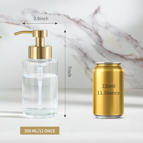 Image of Enra Foaming Soap Dispenser, Clear Thick Glass Bottle Gold Pump Bathroom