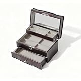 Stufurdecor Brown jewelry box,watch cases for men with large Window,3-Tier Storage Organizer And Velvet Lining,jewelry organizers and storage for watches,Tie Pins, Rings