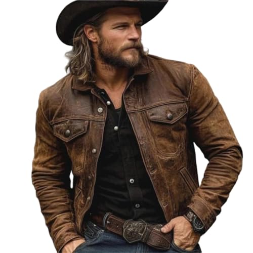 Mens Vintage Brown Distressed LapeL Jacket MuLti-Pocket Brown XL