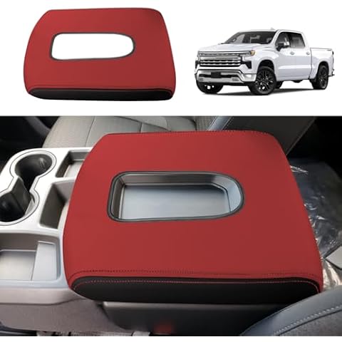 YOFAMO for Chevy Silverado/GMC Sierra Accessories 2019-2023 2024 Car Armrest Cover Waterproof Center Console Pad Covers Scratch Resistance Box Cover Leather Protector Pad Accessories(Red+Black) Cover