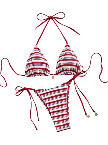 Image of ZAFUL 2 Piece Triangle Bikini for Women Knitted Rope Halter Bikini Sets Sexy Bathing Suit Side Tie Swimsuits Beachwear