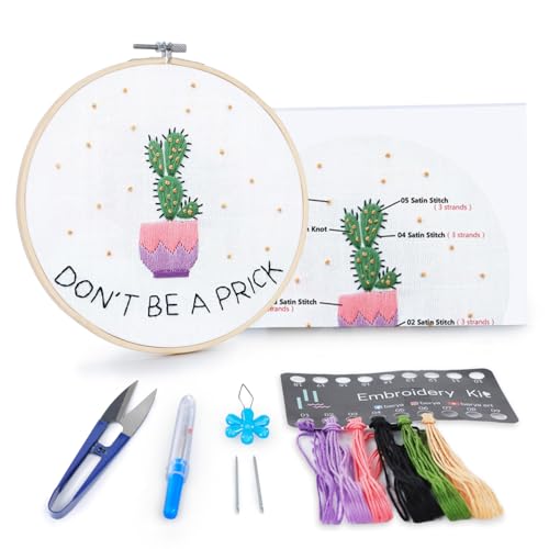 Image of BERYA Cactus Embroidery Kit Including Video Step by Step Instructions Embroidery Hoop,Color Threads and Embroidery Scissors for Beginners-Handmade Needlepoint Kits for Adults