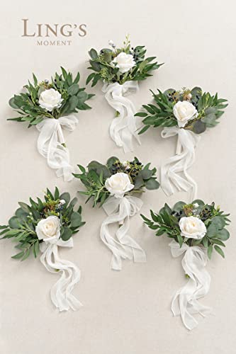 Ling's Moment 7 Inch Natural White Artificial Flowers Bridesmaid Bouquets For Wedding, Set Of 6, For Wedding Ceremony And Anniversary #TOP3