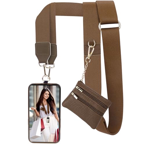Image of XANGNIER Clip and Go Strap for Phone with Wallet Crossbody, Phone Strap with Zippered Wallet, Adjustable Anti Theft Cellphone Lanyard for Women, Cellphone Chain Accessories,Brown