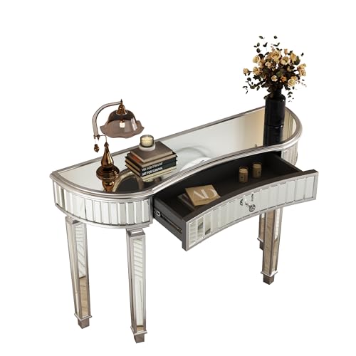 vutizal Table Console d'Entrée 120cm avec Miroir, Tiroir Verre Canelé et Bouton Cristal – Meuble Demi-Lune aux Coins Arrondis Sécurisés pour Salon et Chambre (Gris Argenté)