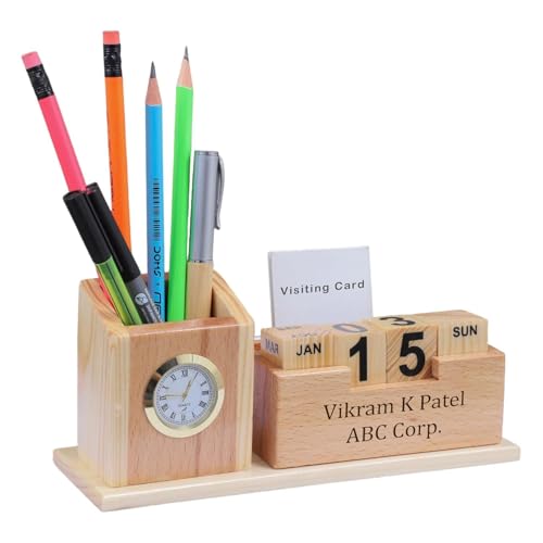 Image of EpicLane Customizable Wooden Pen Holder with Clock, Visiting Card Holder & Mobile Stand | Personalized Name Engraving Desk Organizer (Infinity)