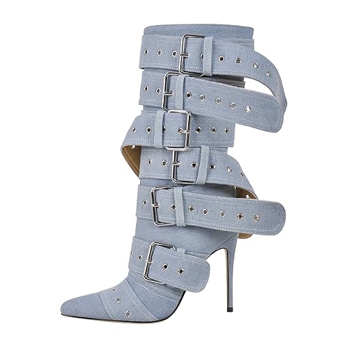 VERISSON Close Point Toe Boots Embellished Buckle Belts Stiletto Heeled Booty