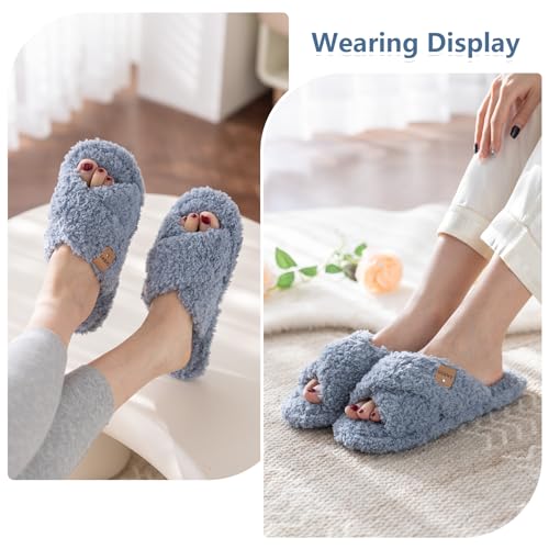 Image of GOEWY Fuzzy Open Toe Slippers for Women Cozy Memory Foam House Shoes Indoor | Cute Cross Band,Soft Faux Fur,Anti-slip Sole Outdoor,Machine-washable,Lightweight,Slip on Gifts for Women,Mom and Bridesmaid