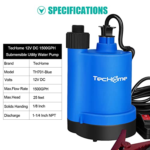 Image of TecHome 12v Pump，1500GPH Water Transfer Pump Sump Pump Submersible Water Pump, With 20 Feet Power Cord.