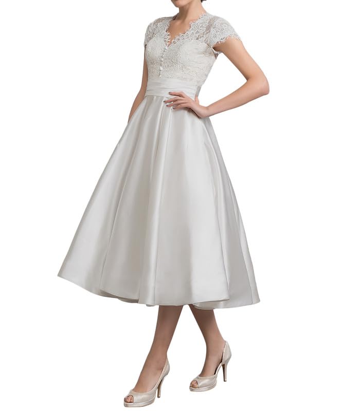SEVENYXX Vestido de Novia de Satén Retro Vestido de Novia de Mujer Encaje Vestido de Novia Civil Longitud de la Pantorrilla, Blanco, 48