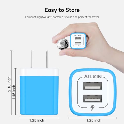 Image of USB Wall Charger, [2-Pack] 5V /2.1AMP AILKIN 2-Port USB Home Charger Block | Travel Plug Power Adapter Charging Box for iPhone 17e 17 Air 16 16e15 14 13 12 Pro Max Mini SE 11 11Pro Plus, Samsung