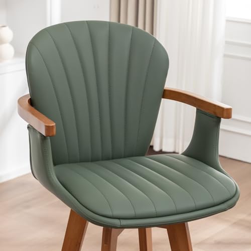 Image of LUNLING 26 inch Counter Height Stools Set of 2,Mid Century Modern Bar Stools,Green PU Leather Kitchen Island Stool,Wood High Barstools Swivel with Back and Arms for Home Bar Furniture