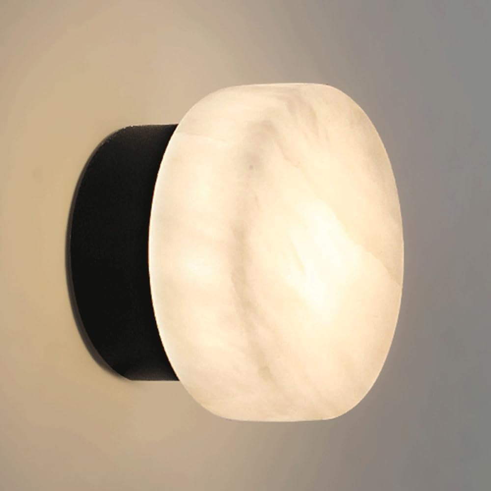 Cosrub Black Round Marble Wall Sconce, Mini Alabaster Wall Lighting For Stairs