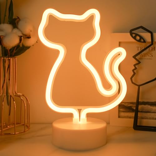 Letreros de neón con forma de gato, luz nocturna para dormitorio, alimentados por batería/USB con base, decoración de mesa LED para dormitorio, boda, cumpleaños, bar, fiesta, regalos para niños