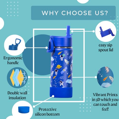 Image of TOM & BELL Insulated Water Bottle for Kids 500ml,Double Wall Water Bottle for School, Sipper Bottle,Hot and Cold, Premium 304 Stainless Steel (dark blue, 500ml)