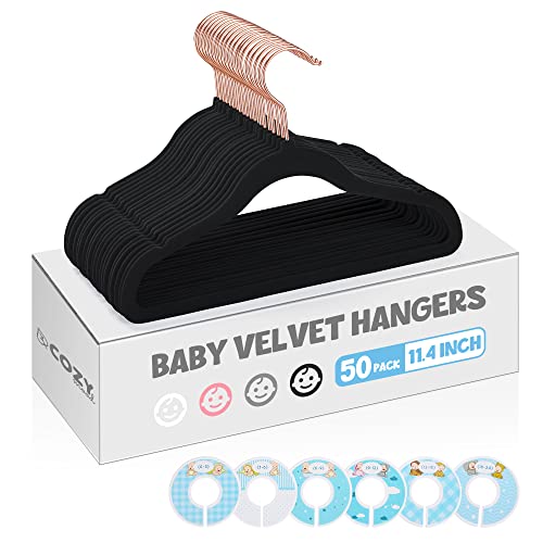 Image of COZYMOOD Velvet Anti-Slip Hangers for Closet, 50 Pack, Black, Space Saver, Slim, Flexible, Non-Wrinkling, Baby & Toddler Clothes Hangers